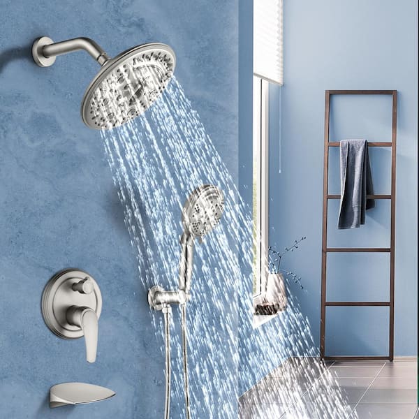 2-Handle 9-Spray Tub and Shower Faucet and Handheld Combo with 8 in. Shower Head in Brushed Nickel