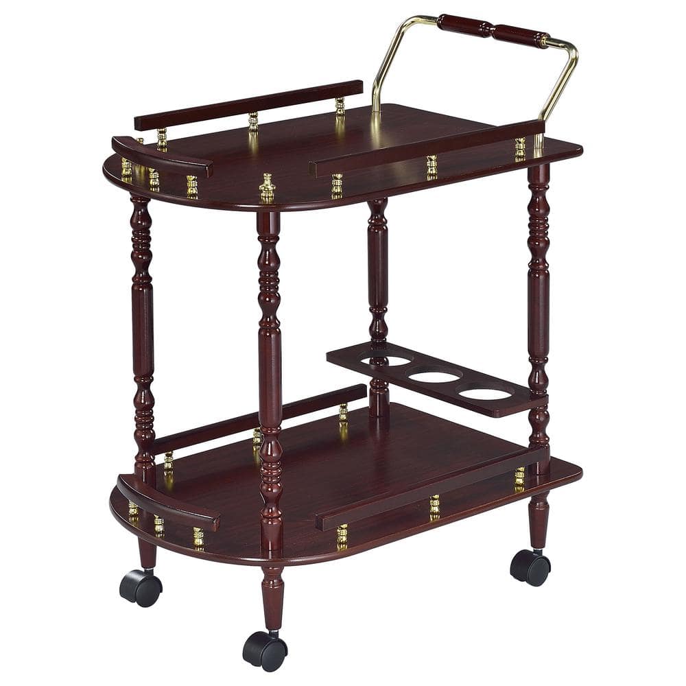 Elegant Merlot and Brass Round Serving Cart with Wine Storage