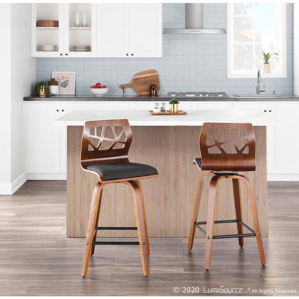 Charcoal Gray Swivel Counter Stool with Walnut Wood Frame