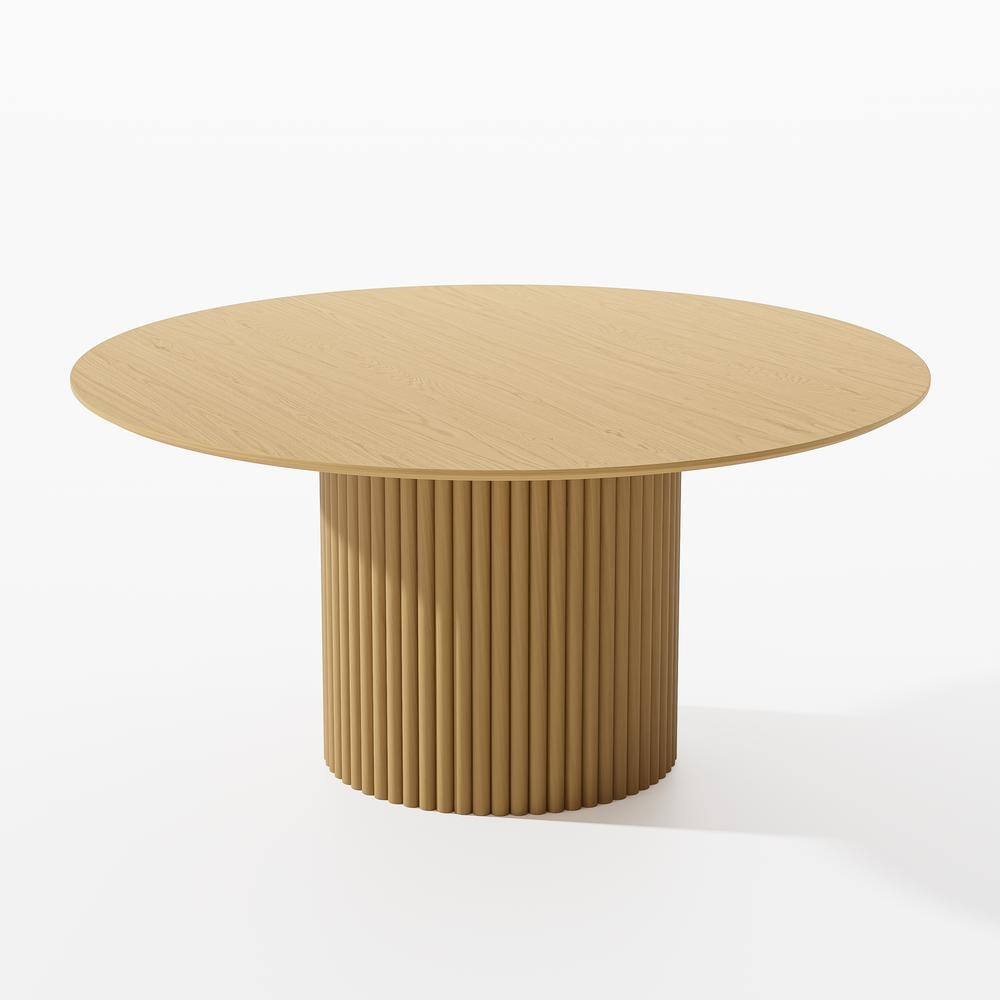 Round Oak Wood 60 in. W Column Base Dining Table Seats 6