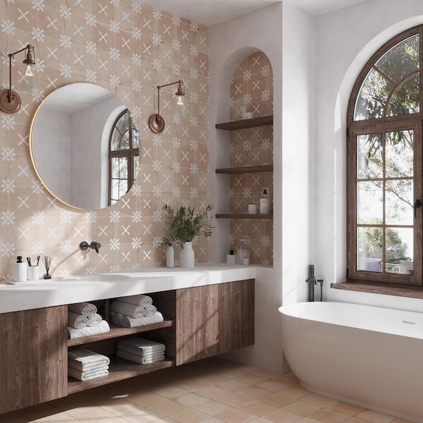 Palmera 9 in. x 9 in. Matte, Glossy Terracotta Beige Porcelain Floral Square Tile (6.96 sq ft/case)-13 Pack