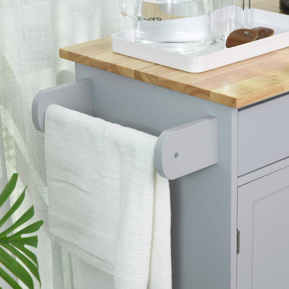 Grey Wood Rolling Kitchen Cart with Storage and Towel Rack