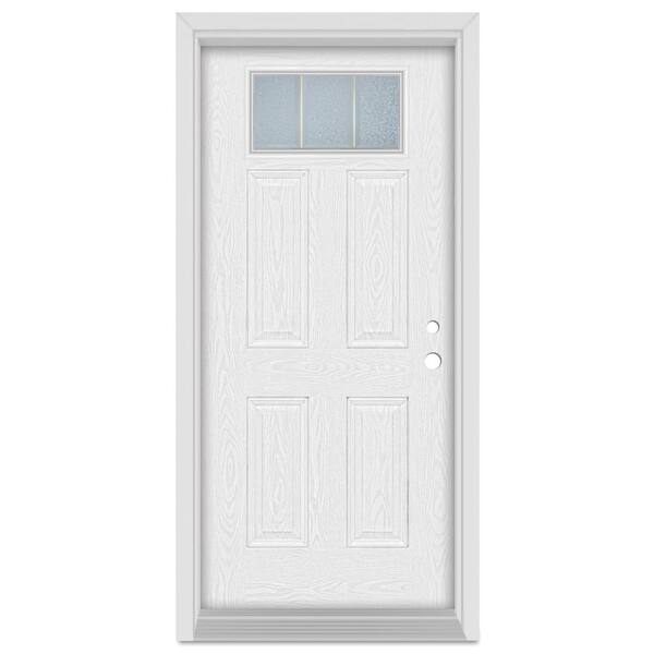 Stanley Doors 37.375 in. x 83 in. Geometric Left-Hand 1-Lite Brass Finished Fiberglass Oak Woodgrain Prehung Front Door Brickmould