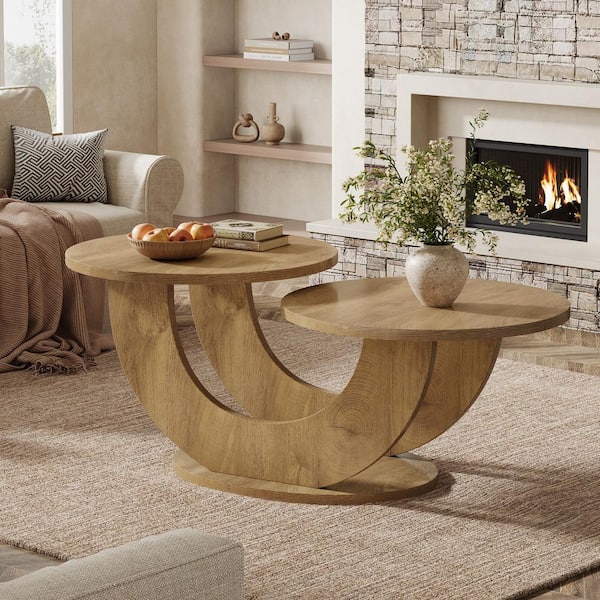 Allan 45.3 in. Brown Round Wood Coffee Table with U-Shaped Frame, 2-Tier Farmhouse Coffee Table