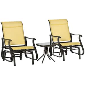 Beige 3-Piece White Metal Gliding Chair and Tea Table Set Lawn Chair with Tempered Glass