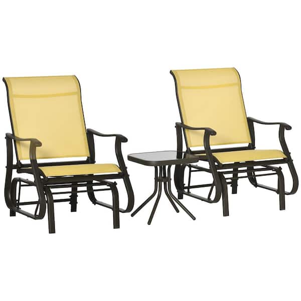 Outsunny Beige 3-Piece White Metal Gliding Chair and Tea Table Set Lawn Chair with Tempered Glass