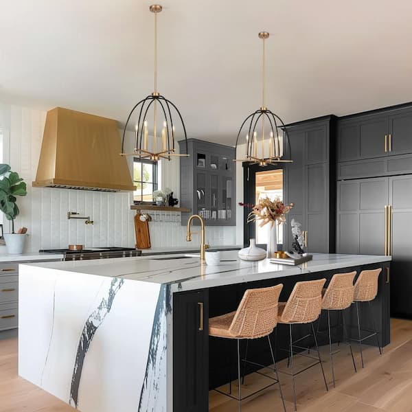 Modern Farmhouse 23.6 in. W 6-Lights Black and Gold Caged Chandelier, Bell Pendant Lighting Kitchen Island, Dining Room