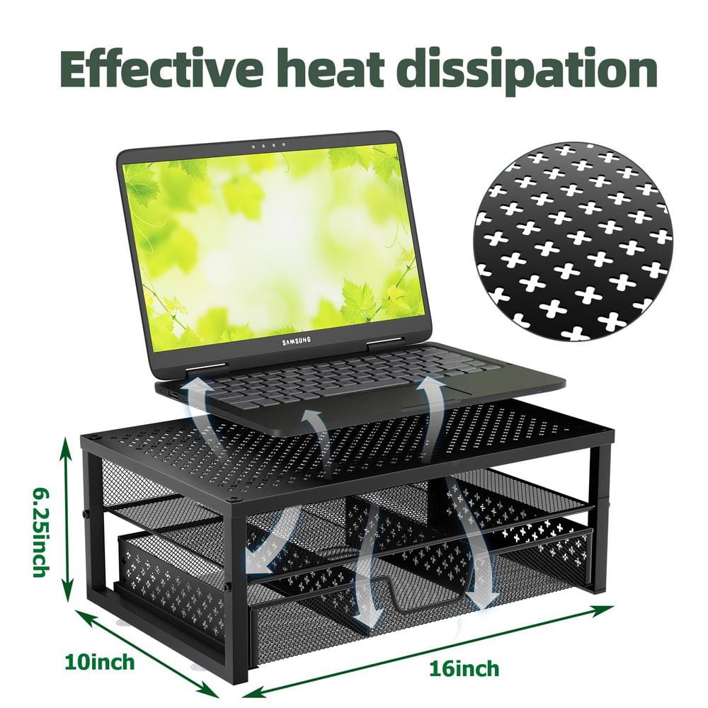 Black Metal Mesh Monitor Stand with Storage Drawers