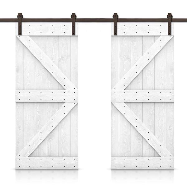 CALHOME K 64 in. x 84 in. White Stained DIY Solid Pine Wood Interior Double Sliding Barn Door with Hardware Kit