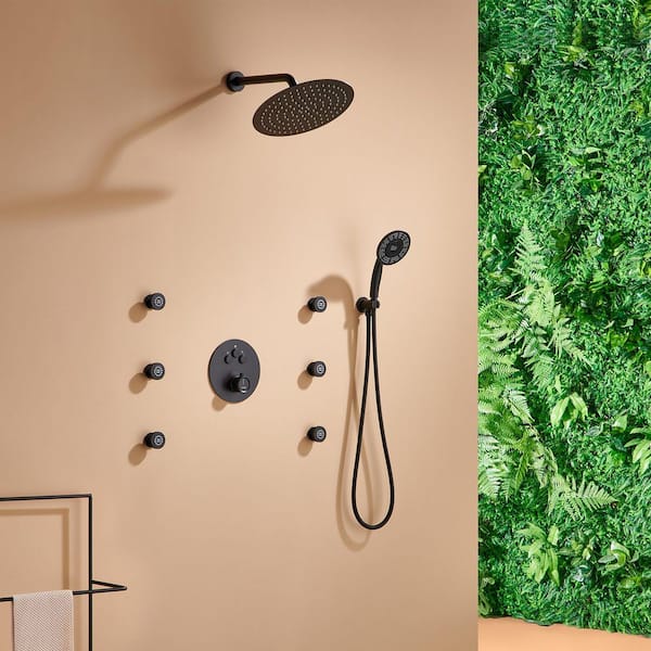 1-Spray Digital Thermostatic Dual Shower Head and Handheld Shower Head and Body Spray Wall Mount 1.8 GPM in Mattle Black