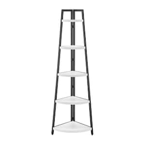70 in. 5-Tier Corner Ladder Shelf In Black Metal Frame with White MDF Shelves