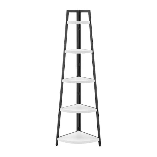 DANYA B 70 in. 5-Tier Corner Ladder Shelf In Black Metal Frame with White MDF Shelves