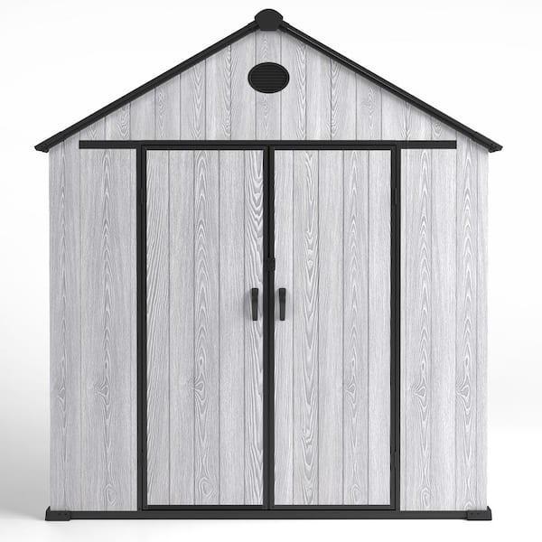 7.4 ft. W x 7.4 ft. D All-Weather Wood-Grain Resin Outdoor Plastic Storage Shed with Floor and Window (54 sq. ft. )