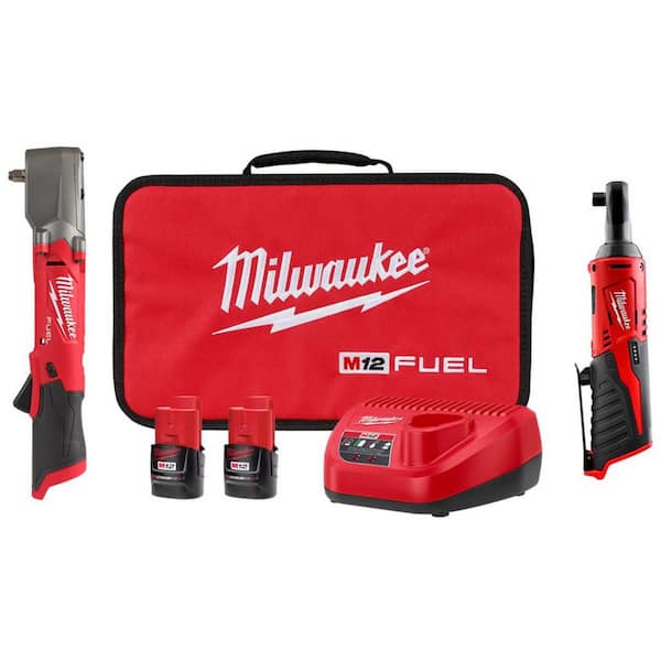 M12 FUEL 12V Lithium-Ion Brushless Cordless 3/8 in Right Angle Impact Wrench Kit w Two 2.0 Ah Batteries & 3/8 in Ratchet