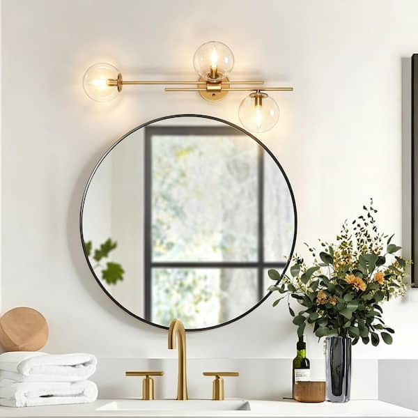 30 in. 3-Light Painted Gold Modern Bathroom Vanity Light Decorative Linear Foyer Wall Sconce with Clear Glass Globes