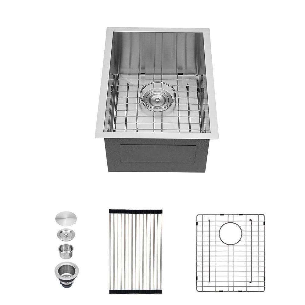 15 in. Undermount Single Bowl 18-Gauge Brushed Nickel Stainless Steel Kitchen Sink with Bottom Grid and Drying Rack -  EPOWP, LX-KS-24-2