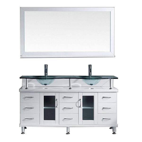 Virtu USA Vincente Rocco 60 in. W Bath Vanity in White with Glass Vanity Top in Aqua with Round Basin and Mirror and Faucet