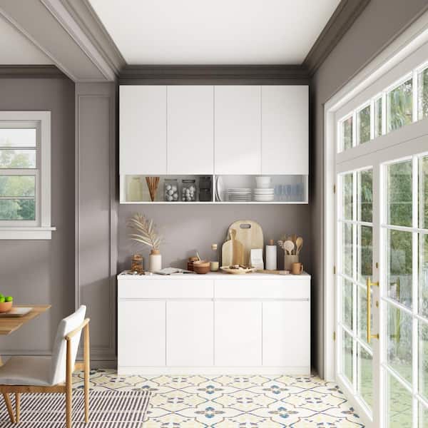 FUFU&GAGA White Wood 63 in. W Food Pantry, Pantry Cabinet, with Wall Mounted Kitchen Cabinet, Drawers and Open Shelves(Two Parts)