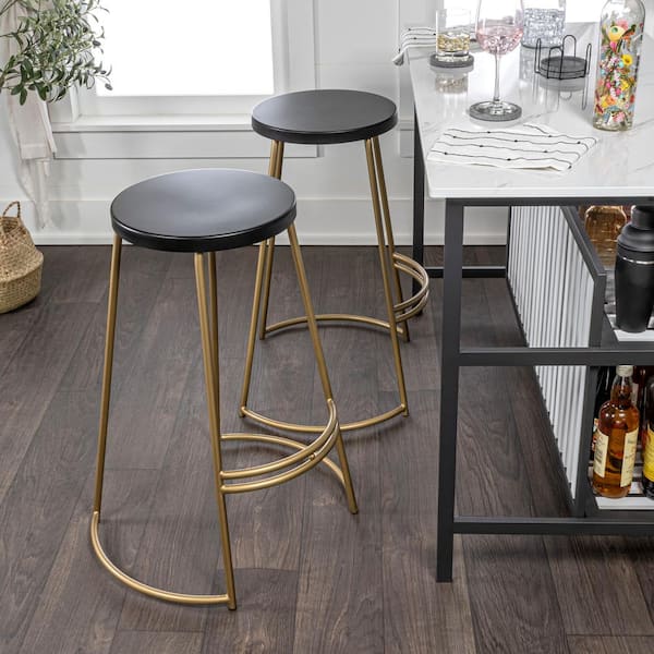 JONATHAN Y Hula 28.75 in. Modern Designer Metal Curved Backless Bar Stool, Black Seat with Gold Frame