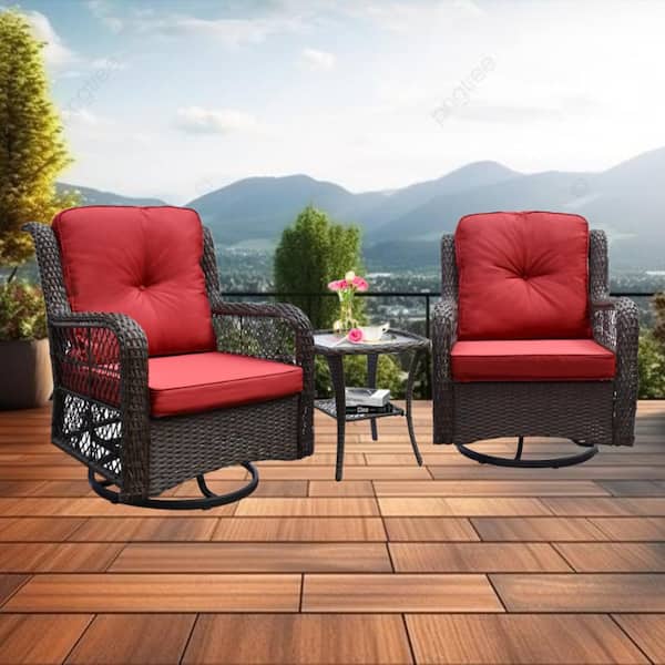 Unbranded 3-Piece Metal Patio Conversation Set, Wicker Rocker Swivel Outdoor Bistro Set with Red Cushion