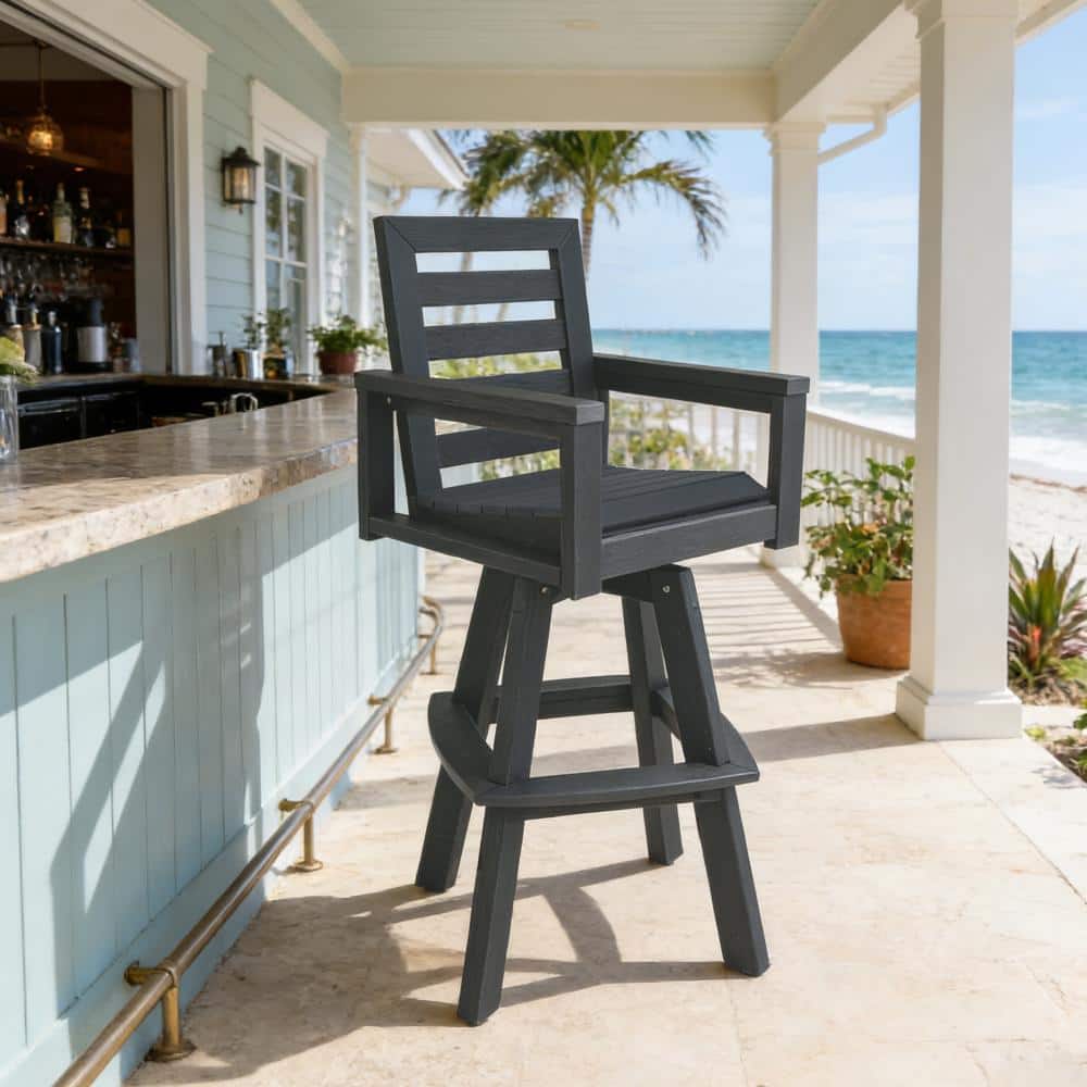Outdoor Swivel Bar Stools, HDPE Gray Patio Bar Chair with Ladder Back, All-Weather Bar Height Stool for Deck Porch price history on PriceWatchPro