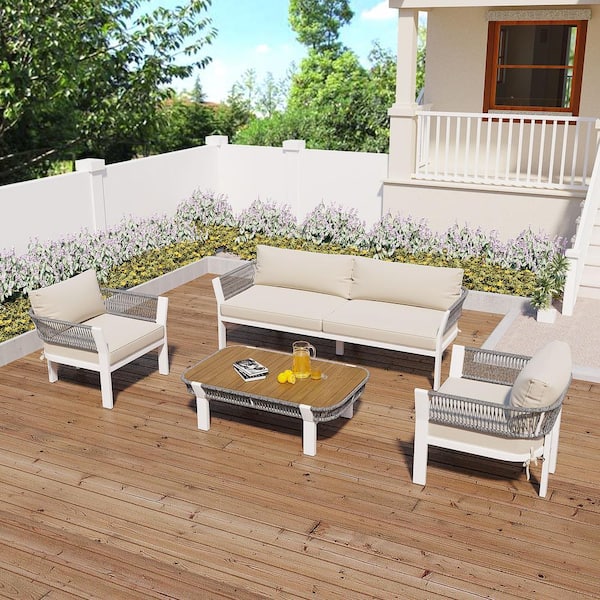 Sudzendf 4-Piece Metal Outdoor Patio Conversation Set with Beige ...