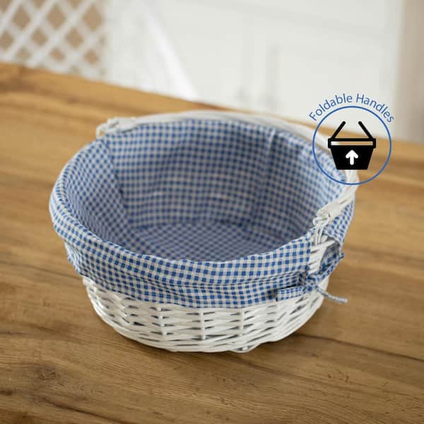 WICKERWISE Traditional White Round Willow Gift Basket with Blue and White  Gingham Liner and Sturdy Foldable Handles, Medium QI004620.BL.M - The Home  Depot