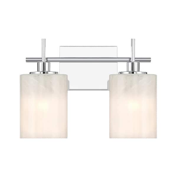 Meridian 14 in. W x 9.75 in. H 2-Light Chrome Modern Bathroom Vanity Light with White Strie Glass Shades