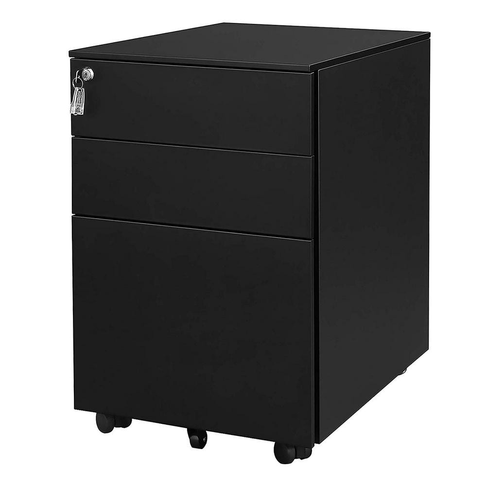 3-Drawer Black Metal Mobile Vertical Filing Cabinet with Lock Key