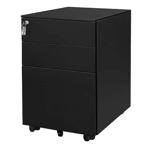 Unbranded 3-Drawer Black Metal Mobile Vertical Filing Cabinet with Lock Key
