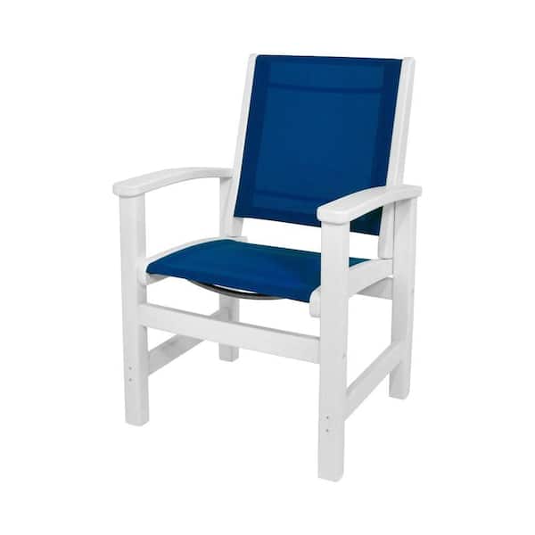 POLYWOOD Coastal White All-Weather Plastic/Sling Outdoor Dining Chair in Royal Blue