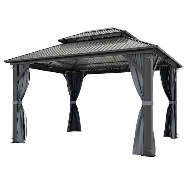 12 ft. x 10 ft. Outdoor Galvanized Hardtop Gazebo Aluminum Double Roof with Breathable Netting and Privacy Curtains