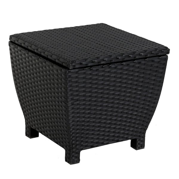 AURA OUTDOOR Black Small Deck Storage Box with Lid Wicker Outdoor Side Table, 13 Gal. Outdoor Hose Mat Towel Storage