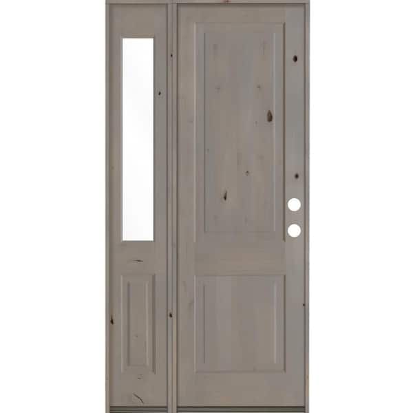Krosswood Doors 44 in. x 96 in. Rustic knotty alder 2-Panel Left-Hand/Inswing Clear Glass Grey Stain Wood Prehung Front Door w/Sidelite