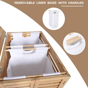 Yellow Bamboo Flodable Laundry Basket with Lid, Sorter Hamper with Removable Liner Bags