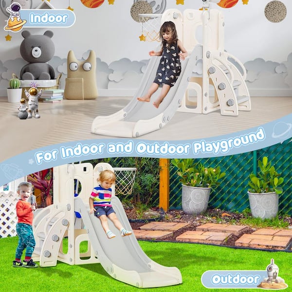 5 ft. White and Gray 6-in-1 Astronaut Toddler Slide Kids Indoor Slide for Toddlers 1 to 3, Baby Slide Climber Playset