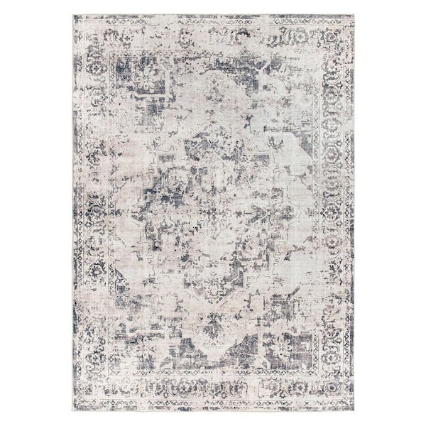 Transitional Distressed Medallion Washable Non Slip Gray 3' x 5' Area Rug