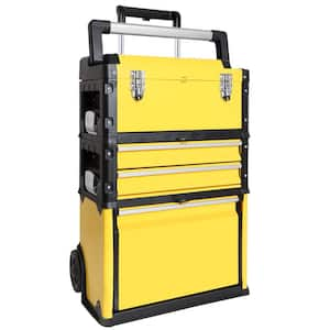 Stackable Portable Metal Tool box Organizer with Wheels and 2-Drawers, Yellow