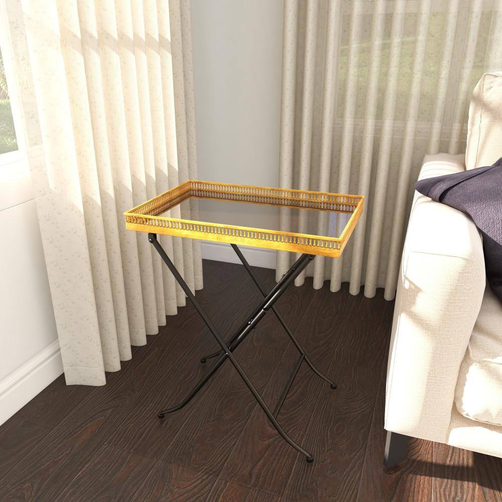 Elegant Gold Metal and Stone Rectangular Accent Table