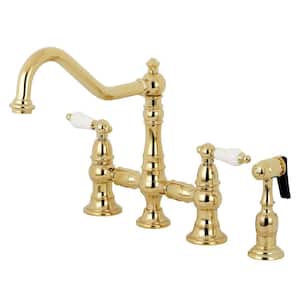 Restoration 2-Handle Bridge Kitchen Faucet with Side Sprayer in Polished Brass