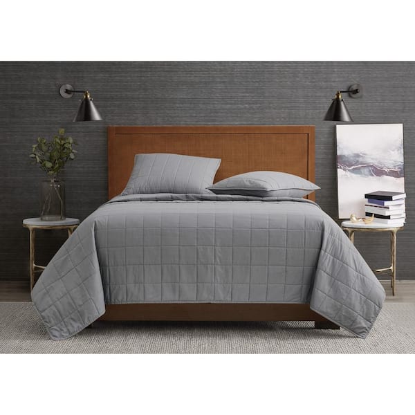 Garment Wash Solid 3-Piece Grey Microfiber King Quilt Set