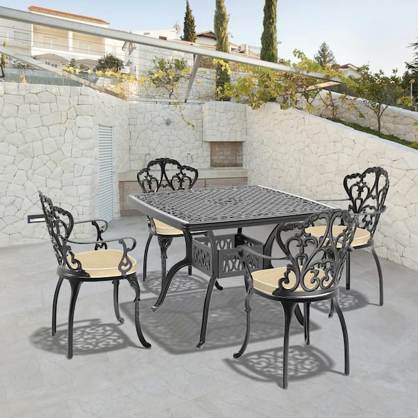 Willit Lily Black 5-Piece Cast Aluminum Outdoor Dining Set with Square Table and Dining Chairs with Random Color Cushion