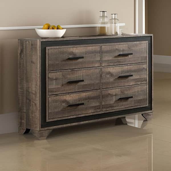 Brown and Black 6-Drawer 58 in. Wide Dresser Without Mirror