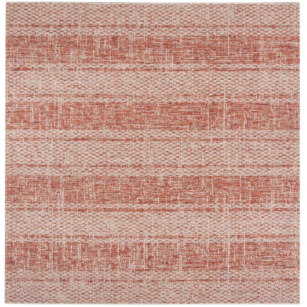 6'7" Square Off-White and Terracotta Synthetic Area Rug