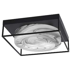 Ashland 16 in. 3 Light Matte Black Flush Mount with Onyx Swirl Glass Shade No Bulbs Included