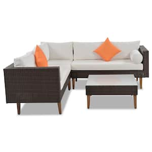 Brown 4-Piece Wicker Outdoor Sectional Set, Patio Rattan L-Shape Sofa Set with Colorful Pillows and Beige Cushions