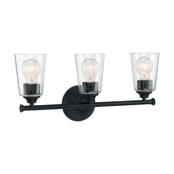 SATCO Bransel 20 in. 3-Light Matte Black Vanity Light with Clear Seeded Glass Shade