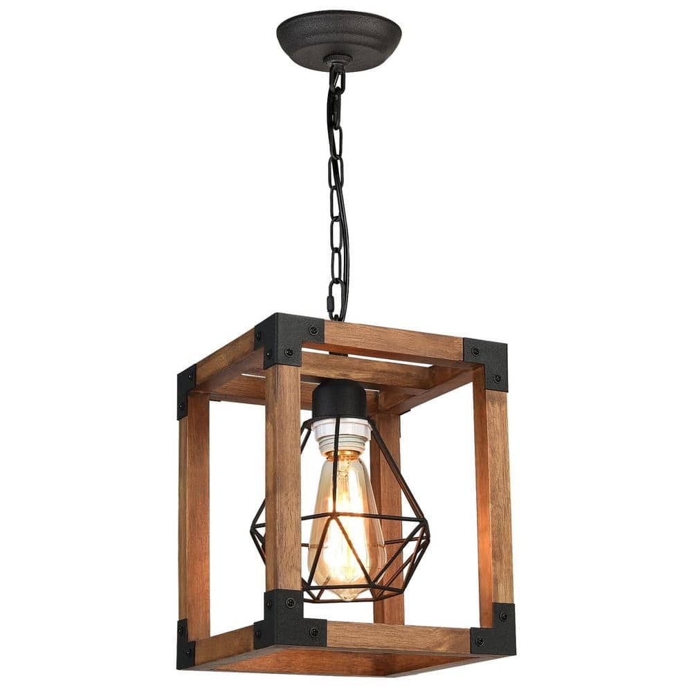 Noble Oak 1-Light Brown Wood Cage Pendant Light
