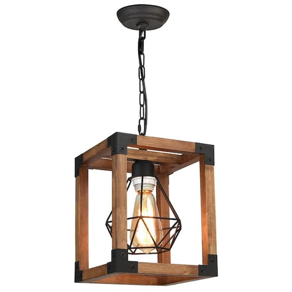 Unbranded Noble Oak 1-Light Brown Wood Cage Pendant Light