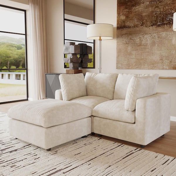 Magic Home 67 in. Square Arm Chenille Fabric 3-Piece Modular Free Combination Sectional Sofa with Ottoman in. Beige